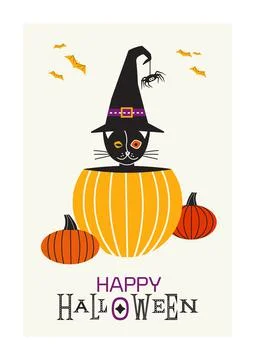 Halloween cat in pumpkin funny vector greeting Stock Illustration
