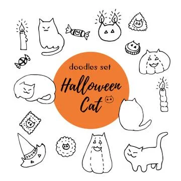 Halloween cat vector set. Hand drawn ink doodles of fat cats, pumpkins, hats Stock Illustration