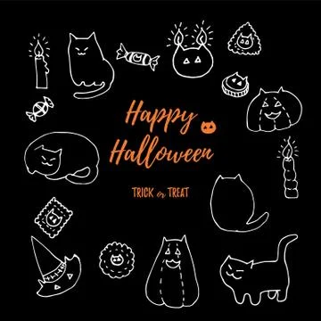 Halloween cat vector set. Hand drawn white chalk on black board doodles isolated Stock Illustration