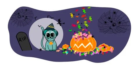 Halloween with cat,pumpkins, candy, spiders and bats Stock Illustration