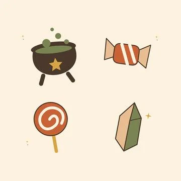 Halloween cauldron with bubbles and candy. Decorative flat vector composition Illustrazione stock