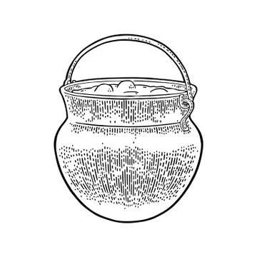 Halloween cauldron. Magic Pot with bubbles. Vector engraving Stock Illustration