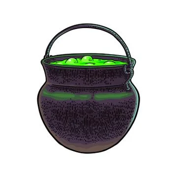Halloween cauldron. Magic Pot with bubbles. Vector engraving Stock Illustration