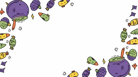 Halloween cauldron sweets border doodle design with white background Video stock 317748706