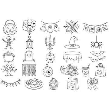 Halloween Celebration Set Featuring Spooky Holiday Icons in Line Art Style Иллюстрация