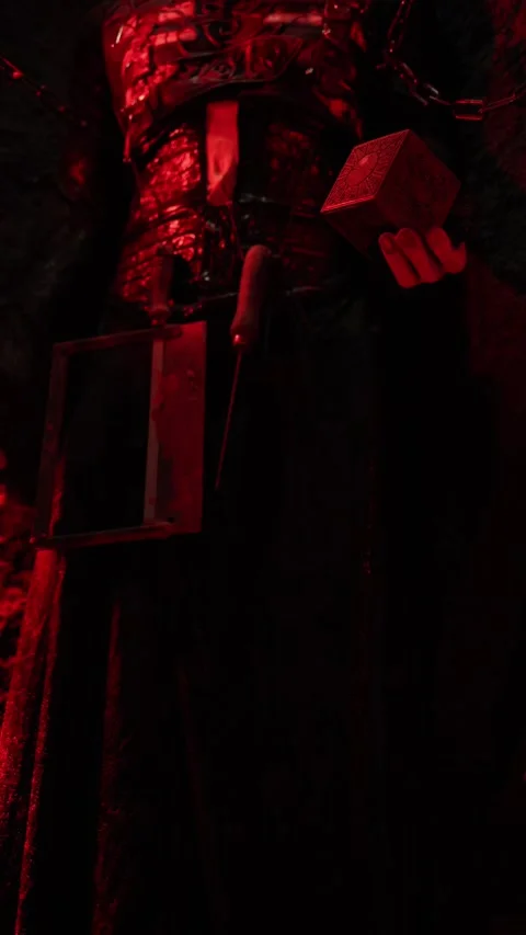 Halloween chained torture figure in dramatic red dungeon lighting Stock Footage 345598746