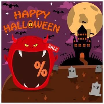 Halloween Character Head With Devil Head On Graveyard and Palace. Percent, .. Stock Illustration