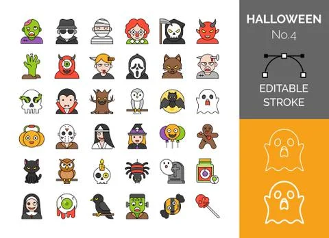 Halloween character vector illustration set, editable stroke Stock Illustration