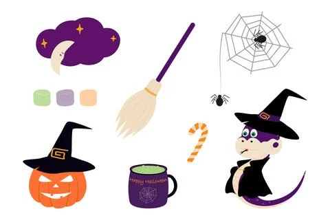 Halloween Characters and Design elements Pumpkin and Snake in Witch Look Broom Stock Illustration