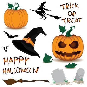 Halloween Characters and Objects isolated on white background. Stock Illustration