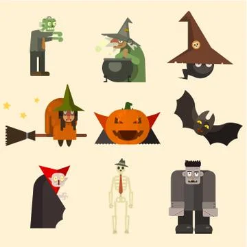 Halloween Characters in Flat Style Vector Illustration Illustrazione stock