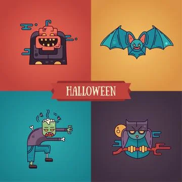 Halloween characters line flat design modern icons set Stock Illustration