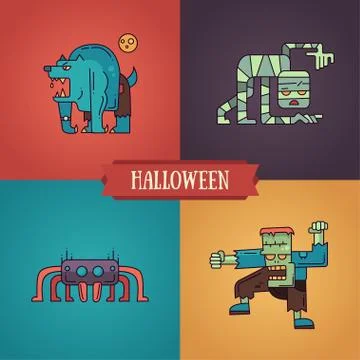 Halloween characters line flat design modern icons set Stock Illustration