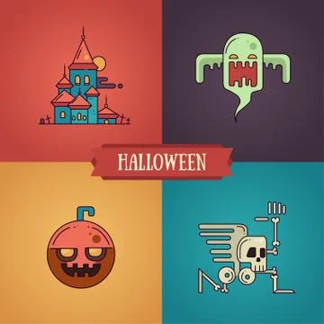 Halloween characters line flat design modern icons set Stock Illustration