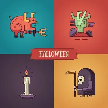 Halloween characters line flat design modern icons set Stock Illustration