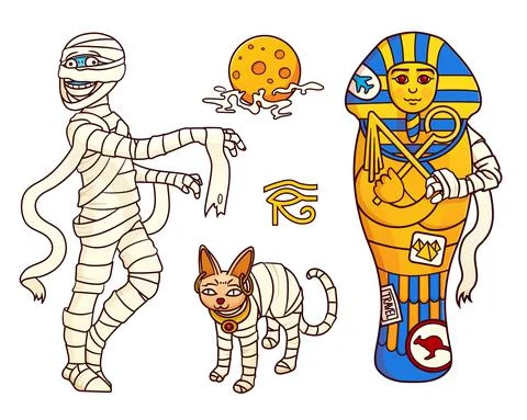 Halloween characters set: Mummy,moon,sphinx cat, and sarcophagus. Stock Illustration