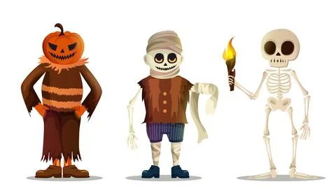Halloween characters set. Skeleton with torch, zombie and jack o latern 스톡 일러스트