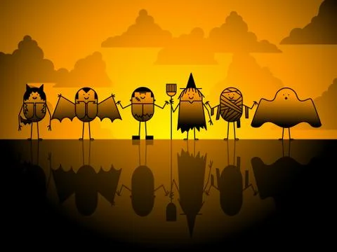 Halloween characters at sunset Illustrazione stock