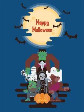 Halloween characters under the moon Stock Illustration