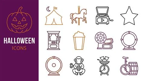 Halloween circus icons set featuring carnival tent, carousel horse, music b.. Stock Illustration