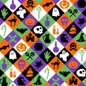 Halloween Colorful Chess Seamless Pattern with Holiday Characters and Symbols Stock Illustration