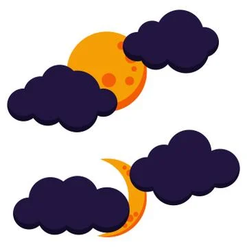 Halloween colorful cloudy moon night icon set full moon and growing moon. Stock Illustration