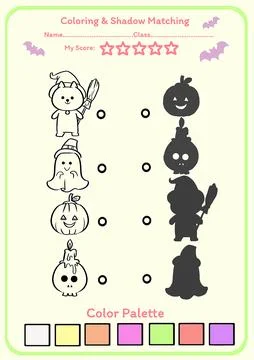 Halloween Coloring and Shadow Matching Activity Worksheet for Kids Stock Illustration