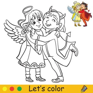Halloween coloring with colored example angel demon Stock Illustration