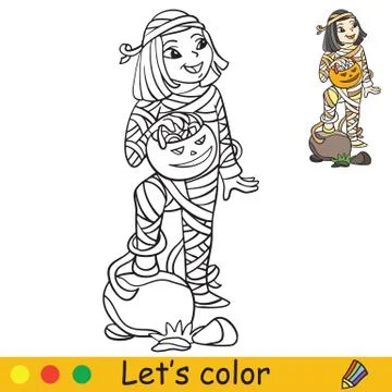 Halloween coloring with colored example cute mummy Stock Illustration