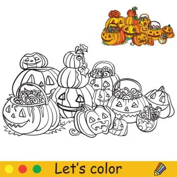 Halloween coloring with colored example many pumpkins Stock Illustration
