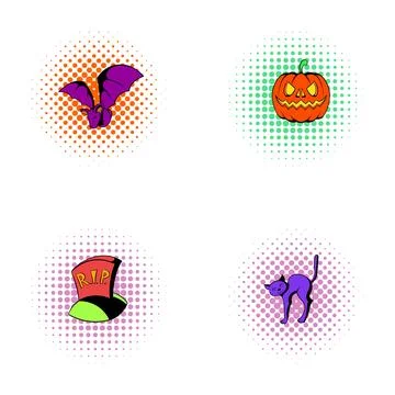 Halloween comic style icons with bat pumpkin and cat Stockillustratie