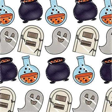 Halloween comic tomb ghost cauldron and flask pattern Stock Illustration