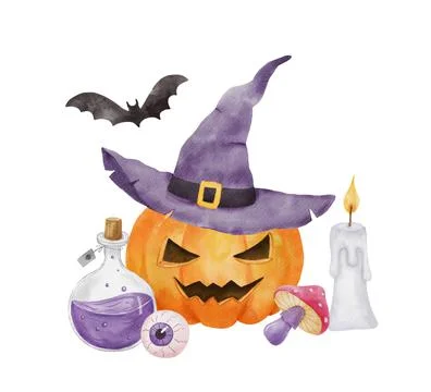 Halloween composition for card. Pumpkin, bat, witch hat and eye. Bright Stock Illustration