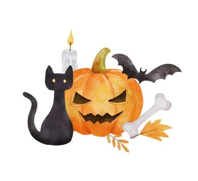 Halloween composition for card. Pumpkin, bat and black cat. Bright watercolor Stock Illustration