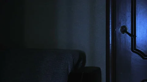 Halloween concept. A door opens behind the sofa and a monster's hand comes out. Stock Footage 138769370