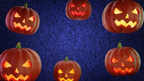 Halloween concept. Glowing Jack-o-lantern pumpkins on blue and black background. Stock Footage 159698342