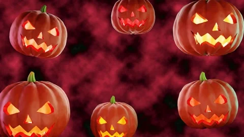 Halloween concept. Glowing Jack-o-lantern pumpkins on red and black background. Stock Footage 160438989
