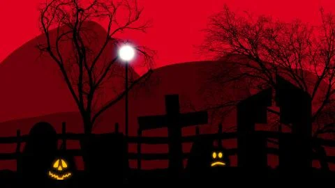 Halloween concept graveyard with pumpkins on red Illustrazione stock
