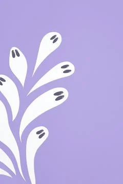Halloween concept, group of white ghosts flying on pastel lilac background Stock Illustration
