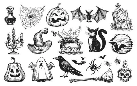 Halloween concept. Holiday elements collection. Sketch vintage illustration Stock Illustration