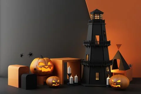 Halloween concept in the lighthouse with the lights on with glowing pumpkin h Stock Illustration