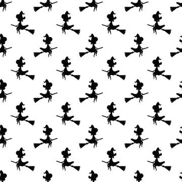 Halloween concept. Pattern black witch silhouette flying on broom on white Stock Illustration