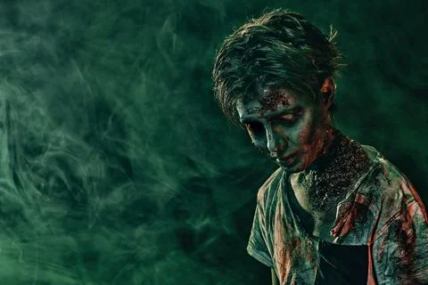 Halloween concept. Portrait of a scary zombie boy teenager in smoke. Horror m Stock Photos