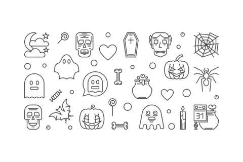 Halloween concept vector outline horizontal banner Stock Illustration