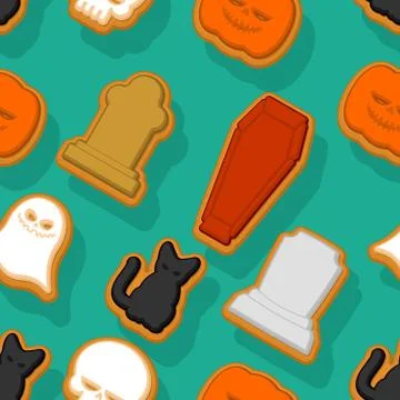 Halloween cookie seamless pattern. Background Cookies for terrible holiday. G Stock Illustration