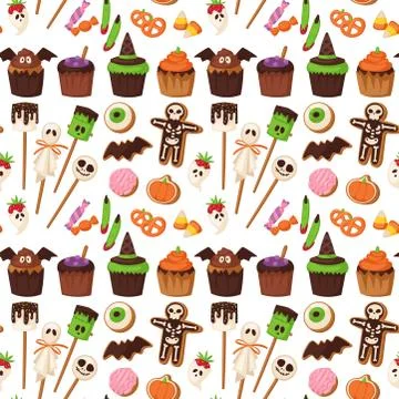 Halloween cookie seamless pattern background food night cake party trick or Stock Illustration