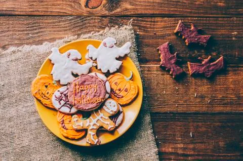 Halloween Cookies on table Stock Photos