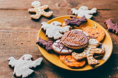 Halloween Cookies on table Stock Photos