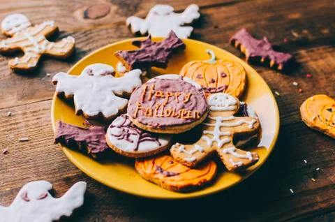 Halloween Cookies on table Stock Photos