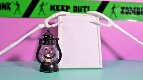 Halloween Copy Space Frame: Spooky Decor on Pastel Background Stock Footage 251496833